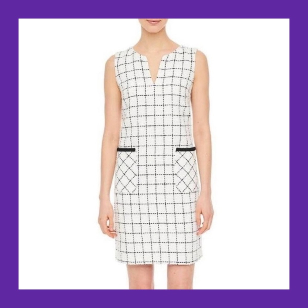 KARL LAGERFELD PARIS Black White Windowpane Tweed Sleeveless Sheath Dress 4